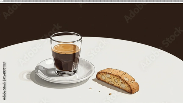 Obraz Espresso and Biscotti: A perfectly pulled shot of espresso in a glass, served alongside a crispy biscotti, creates a moment of simple yet sophisticated indulgence.