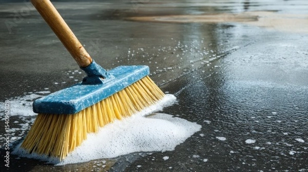 Obraz High-Quality Stock image of spring cleaning of a modern house driveway, scrubbing a dark concrete block floor with a foam detergent and water using a close-up image of a broom.