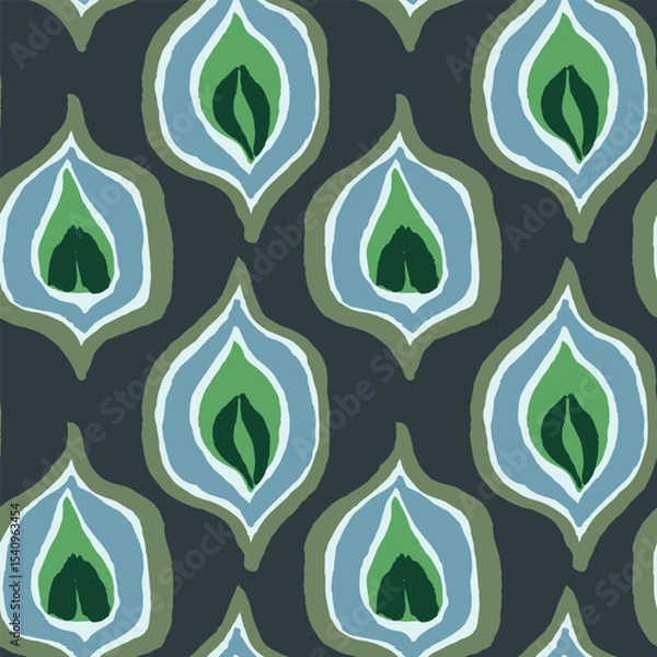 Obraz Seamless vector repeat pattern with abstract peacock ogee oval shapes. Boho style simple hand drawn geometric pattern in navy, green, white. Gender neutral surface and textile design for versatile use