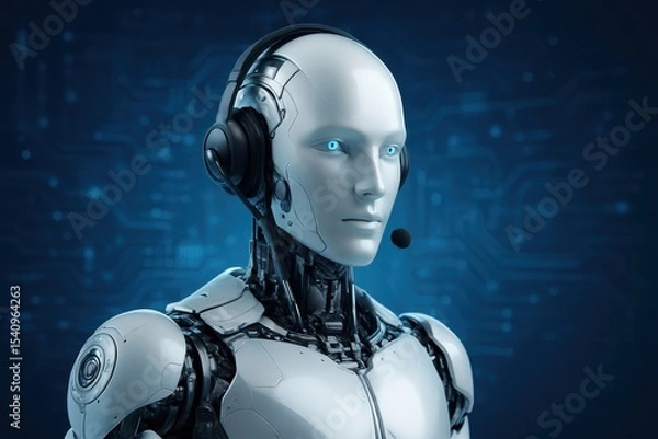 Fototapeta Robot Call Center Agent Headset Microphone AI Support