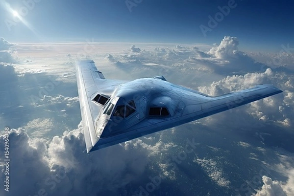 Obraz Northrop grumman b 2 spirit, a heavy strategic bomber equipped with advanced low observable stealth technology, soaring gracefully above a dramatic cloud filled landscape