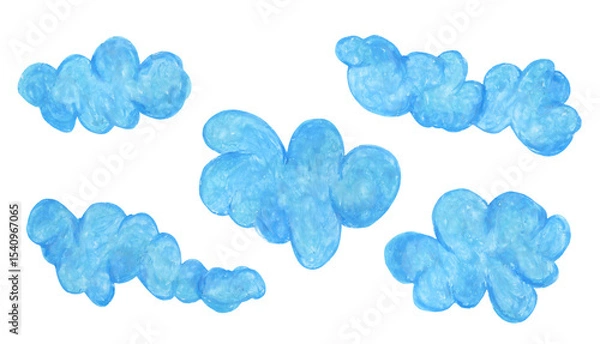 Fototapeta Cute colorful oil pastel drawing turquoise blue fluffy cloud elements. Hand painted with crayon pencils textured clouds for kids print design, patterns, stickers, apps and books decoration
