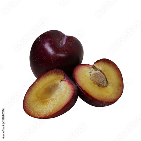Obraz Ripe plum. Fruits, plums on white background. Whole plum and plums