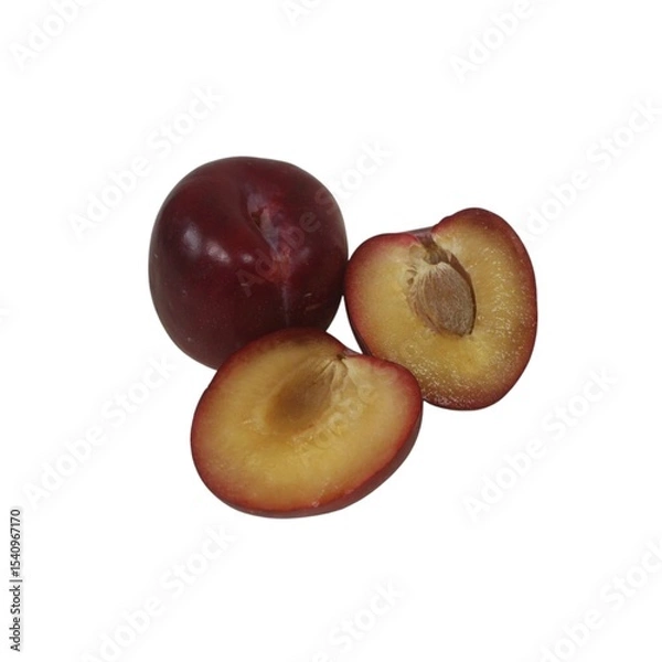 Obraz Ripe plum. Fruits, plums on white background. Whole plum and plums