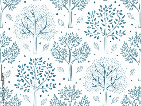 Fototapeta Blue tree pattern design with leaves on white background  