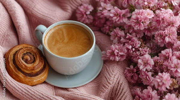 Fototapeta Aesthetic Instagram-style coffee flat lay with pastries and flowers.