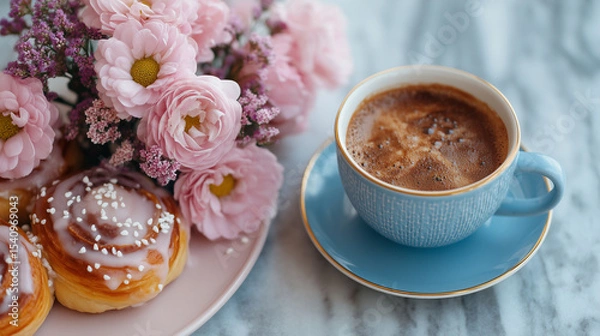Fototapeta Aesthetic Instagram-style coffee flat lay with pastries and flowers.