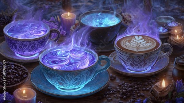 Fototapeta Fantasy coffee tavern scene with magical glowing drinks.