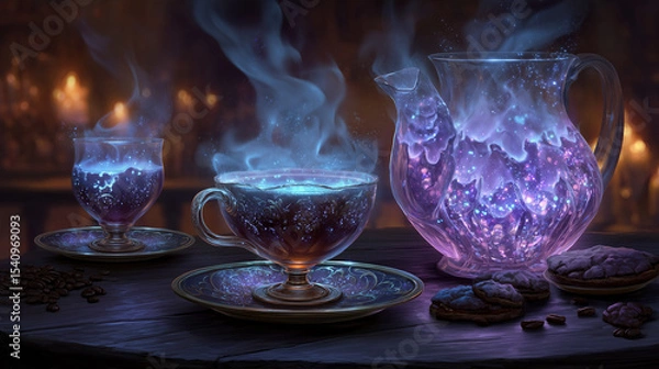 Fototapeta Fantasy coffee tavern scene with magical glowing drinks.