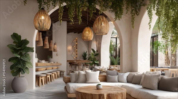 Fototapeta Boho-chic cafÃ© with hanging plants and cozy textures.