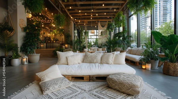 Fototapeta Boho-chic cafÃ© with hanging plants and cozy textures.