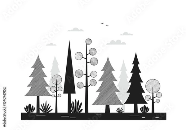 Fototapeta Black and white forest landscape with various tree silhouettes  