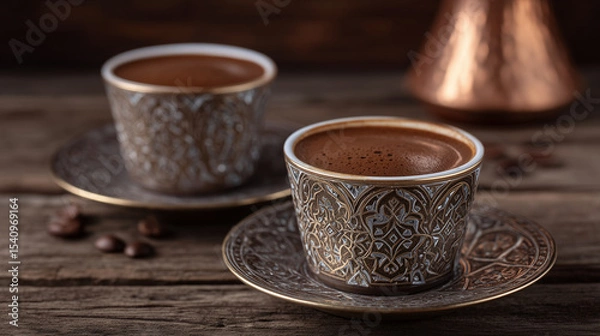 Fototapeta Turkish coffee served in ornate cups with cezve in the background.