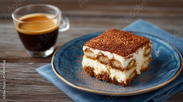 Fototapeta Coffee and dessert pairing espresso and tiramisu close-up.