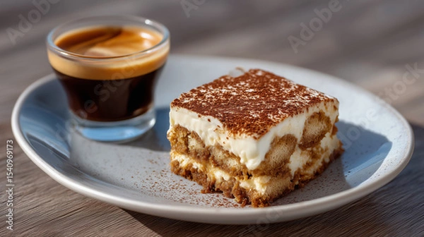 Fototapeta Coffee and dessert pairing espresso and tiramisu close-up.