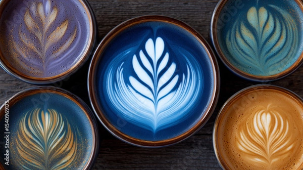 Fototapeta Overhead shot of latte art practice with multiple cups.