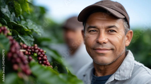 Fototapeta Coffee bean journey from farm to cup farmworkers harvesting beans.