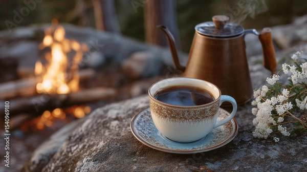 Fototapeta Coffee served in nature a campfire scene with brewing tools.