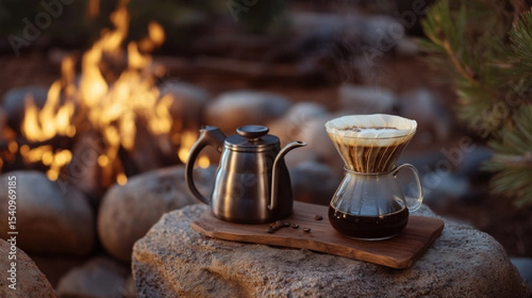 Fototapeta Coffee served in nature a campfire scene with brewing tools.