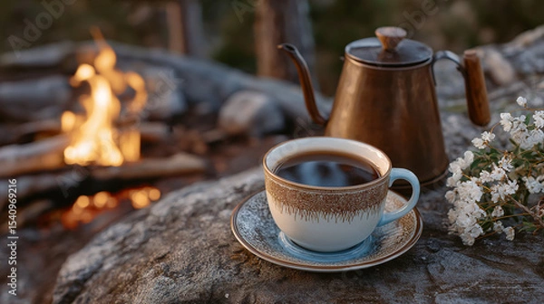 Fototapeta Coffee served in nature a campfire scene with brewing tools.