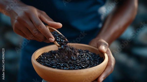 Fototapeta Hand grinding coffee beans in a traditional manual grinder.