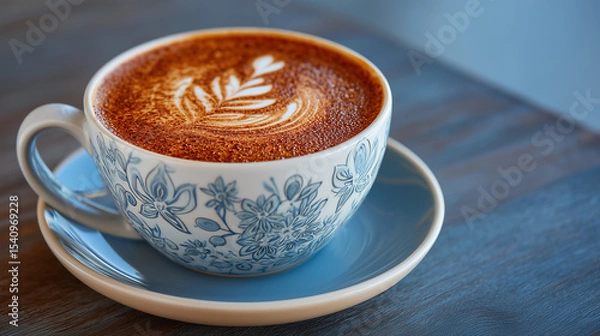 Fototapeta Close-up of a cappuccino with intricate latte art.