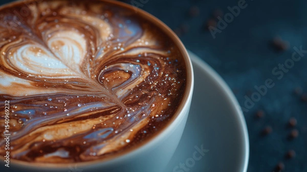 Fototapeta Close-up of a cappuccino with intricate latte art.
