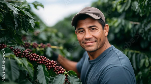 Fototapeta Coffee bean journey from farm to cup farmworkers harvesting beans.