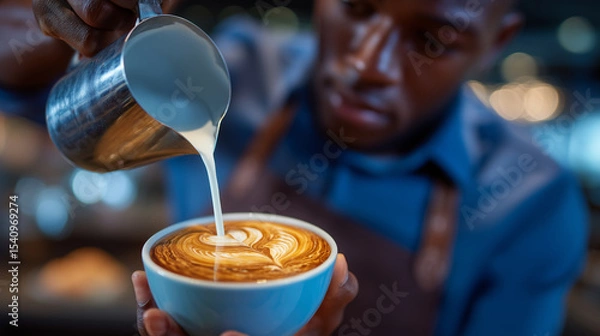 Fototapeta Young barista pouring milk into espresso, creating heart-shaped latte art, with blurred background of a bustling cafÃ©.