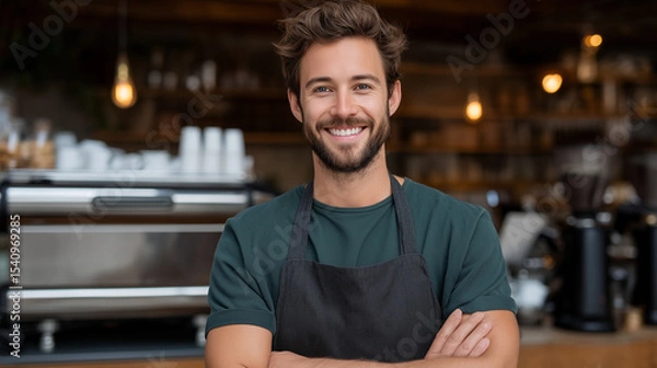 Fototapeta A smiling barista in an apron standing behind a vintage espresso machine in a rustic cafe interior.