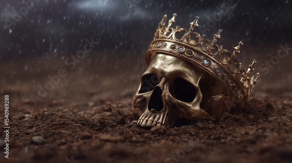 Fototapeta Haunting skull with aged crown resting in ashes on dark moody background.