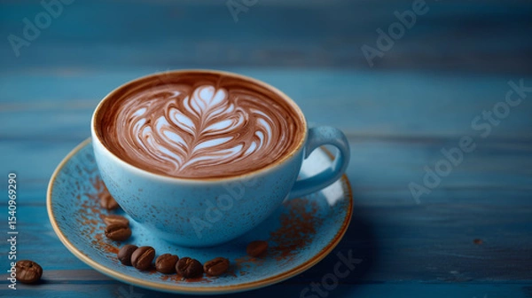 Fototapeta Close-up of a cappuccino with intricate latte art.