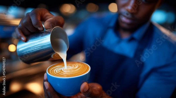 Fototapeta Close-up of a baristaâs hands preparing a cappuccino with a professional coffee machine, latte art in progress.