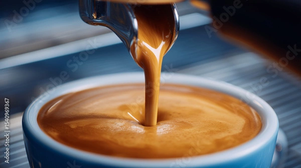 Fototapeta Slow-motion capture of espresso pouring into a cup from a dual-group coffee machine, rich crema forming.