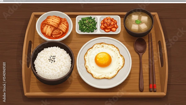 Obraz A Delicious Korean Meal: A perfectly composed shot showcasing a variety of Korean culinary delights, offering a rich tapestry of flavors and textures on a wooden tray.