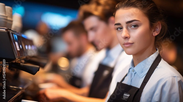Fototapeta Barista training session in a coffee academy, several espresso machines lined up, students practicing.