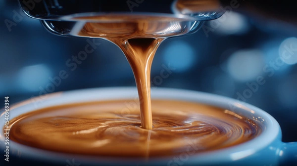 Fototapeta Slow-motion capture of espresso pouring into a cup from a dual-group coffee machine, rich crema forming.