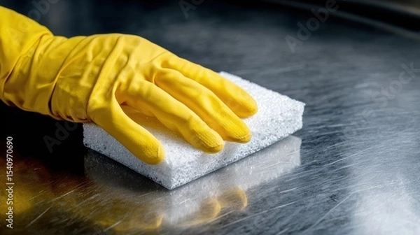Obraz High-Quality Stock image of hand in yellow gloves is cleaning with a white sponge on a shiny metal surface.