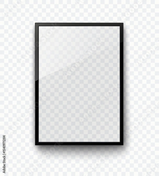 Obraz Screen or photo frame isolated on transparent background. Realistic vertical picture, photograph border. Vector glass black photoframe, tablet display