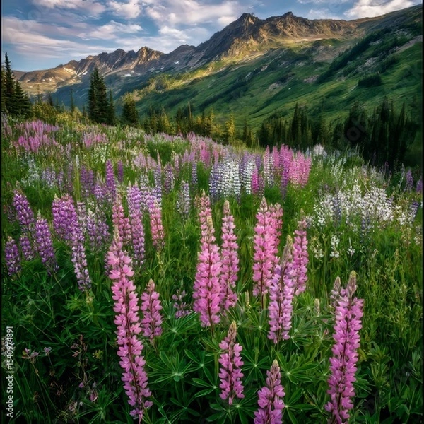 Fototapeta a patch of blooming lupines in pink and purple their green stems rising from a mountain meadow