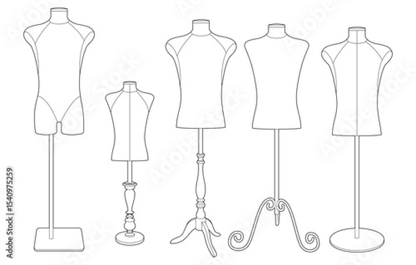 Fototapeta Vector illustration of five different dressmaker mannequins on various stands. Line art style. Isolated on white background. Horizontal orientation. Ideal for fashion or tailoring design.