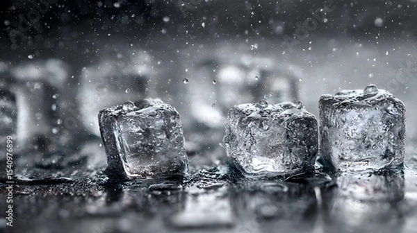 Obraz High Resolution Macro Photo of Crystal Clear Ice Cubes with Realistic Texture and Lighting – Perfect for Beverage Advertising and Cool-Themed Designs.