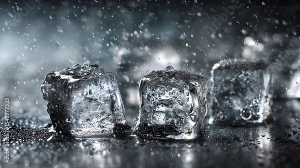 Obraz High Resolution Macro Photo of Crystal Clear Ice Cubes with Realistic Texture and Lighting – Perfect for Beverage Advertising and Cool-Themed Designs.