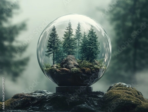 Fototapeta A miniature forest with pine trees encapsulated inside a clear glass orb resting on mossy rocks in a misty environment.