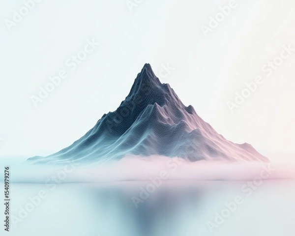 Fototapeta A digital mountain with wireframe texture rises above a misty, reflective surface, blending natural and futuristic aesthetics in soft light.