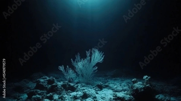 Fototapeta A solitary coral formation illuminated by a ray of light on the dark ocean floor, creating a mysterious underwater scene.