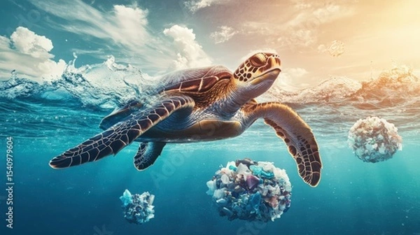 Fototapeta A sea turtle swims underwater surrounded by floating clusters of plastic waste, highlighting ocean pollution under a bright sky.