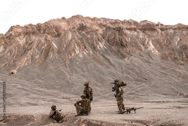 Fototapeta A group of special forces soldiers conduct a briefing in a rugged desert mountain environment. Tactical gear and sniper rifle visible, emphasizing military readiness in harsh terrain.