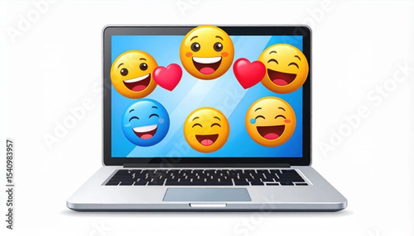 Obraz Colorful emojis displayed on laptop screen create joyful atmosphere, featuring grinning faces, hearts, and various expressions that evoke happiness and connection