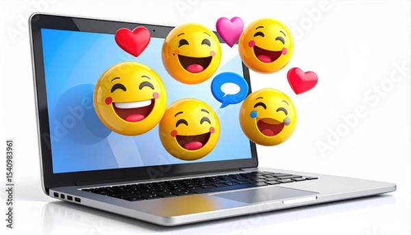 Obraz Happy emojis surround laptop, symbolizing digital communication and joy. vibrant expressions convey excitement and connection in online world, enhancing tech experience